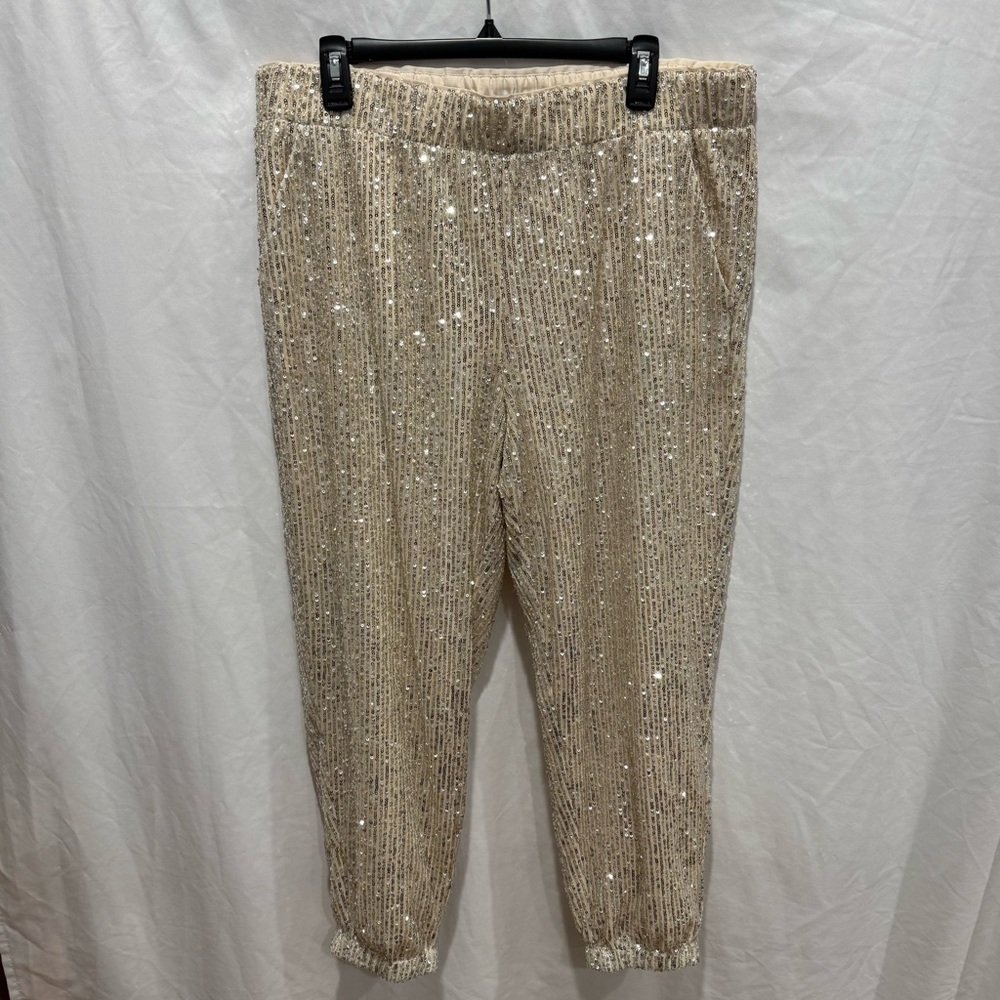 LOFT Sequin Jogger Pants Gold Glitter Elastic‎ Waist Glam Tapered L Holiday Luxe